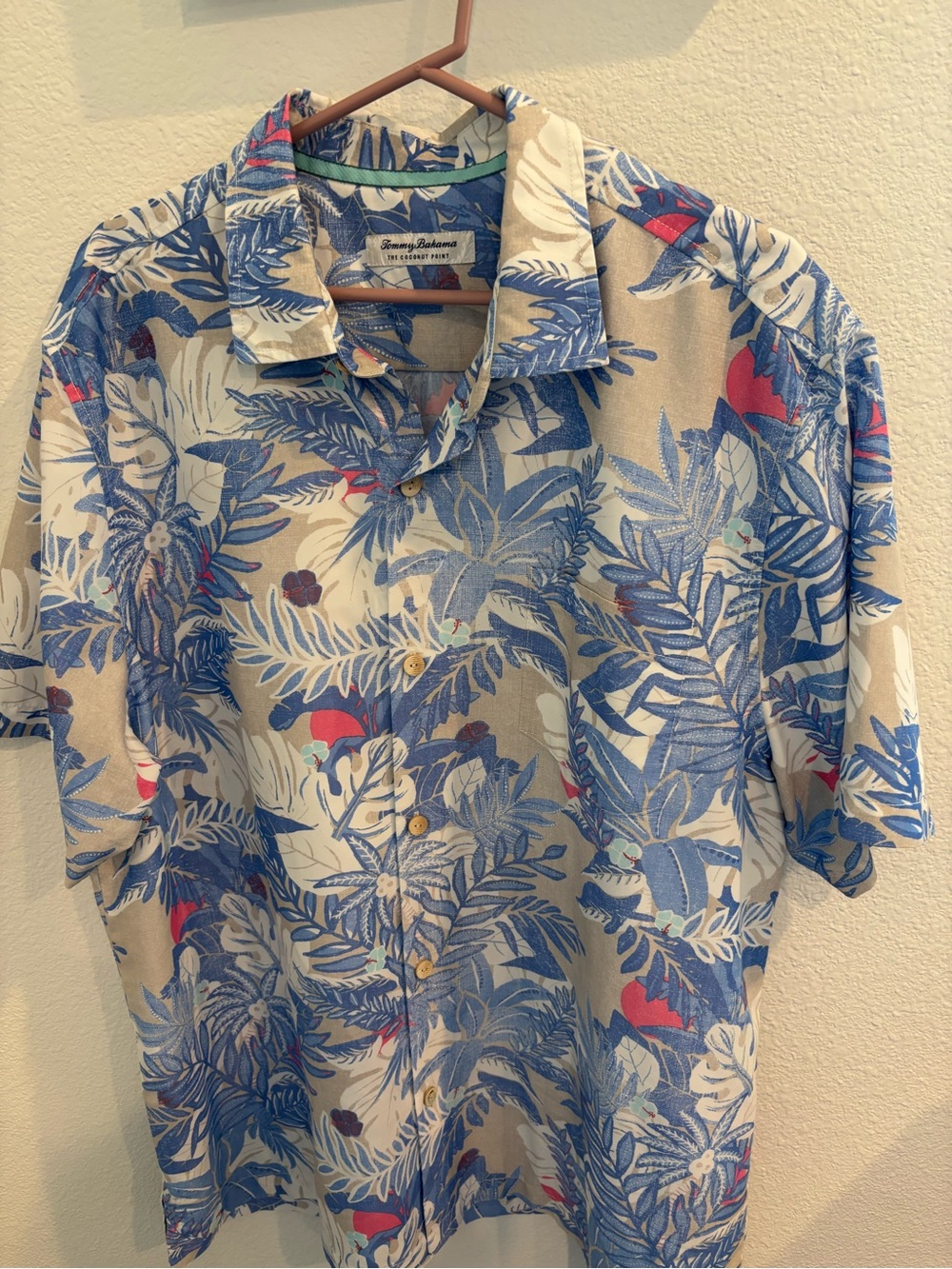 Tommy Bahama Cream Shirt with Blue Tropical Leaves and Red Highlights